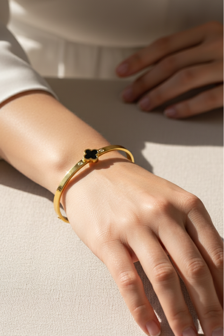 Rust-Proof Gold-Plated Open Cuff Bracelet with Black Inlay