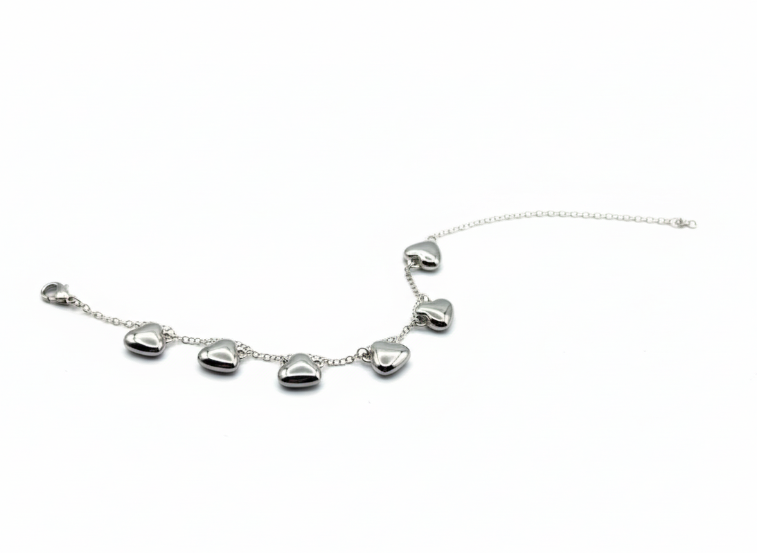 Dainty Silver Chain Bracelet with Black Enamel Heart Charms