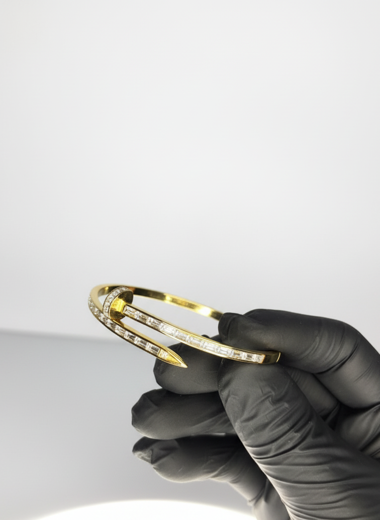 The "Clou" Statement Bangle: Baguette Diamond Nail Design Bracelet in Gold