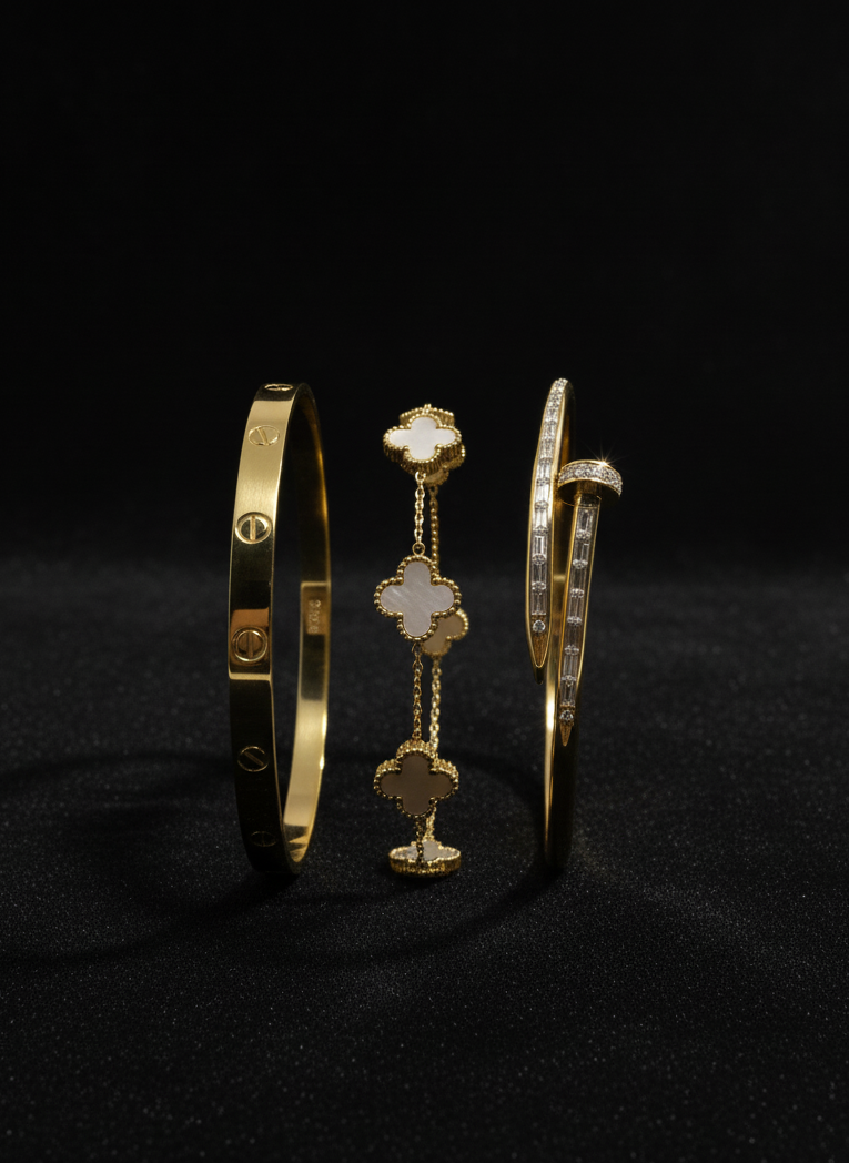 Golden Bracelet Trio: Stackable Love, Nail & Clover Combo Set