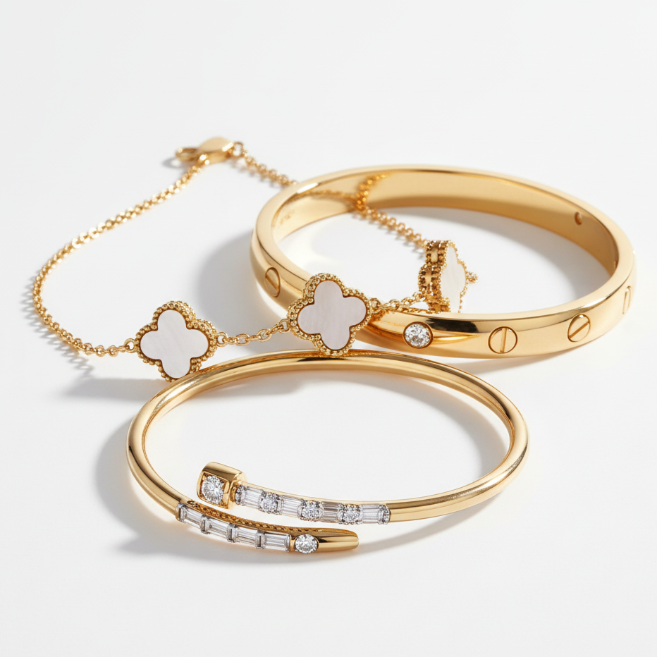 Golden Bracelet Trio: Stackable Love, Nail & Clover Combo Set
