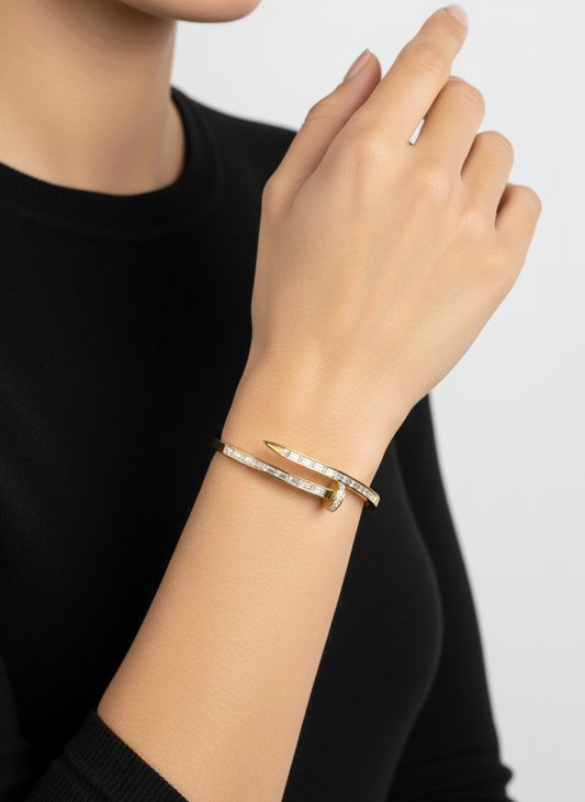 The "Clou" Statement Bangle: Baguette Diamond Nail Design Bracelet in Gold