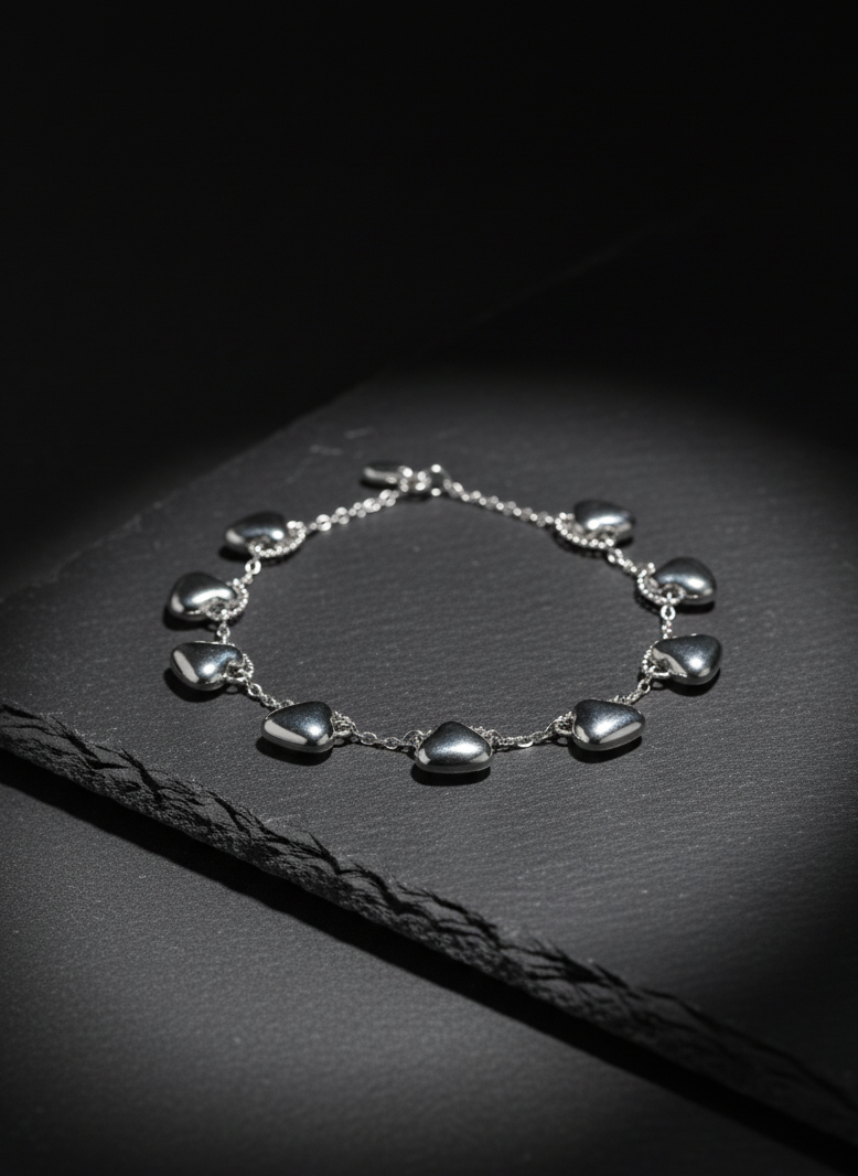 Dainty Silver Chain Bracelet with Black Enamel Heart Charms