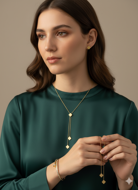 Dainty Gold Lariat Necklace | Adjustable Y-Neck Chain with Clover/Heart Drops