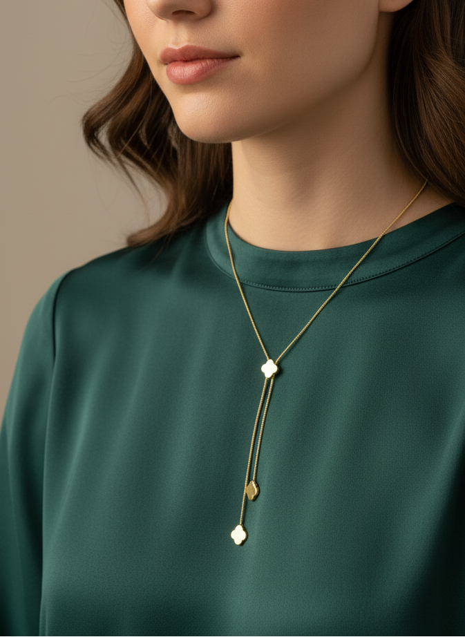 Dainty Gold Lariat Necklace | Adjustable Y-Neck Chain with Clover/Heart Drops