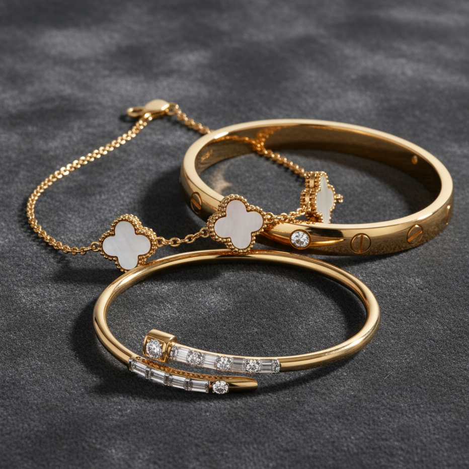 Golden Bracelet Trio: Stackable Love, Nail & Clover Combo Set