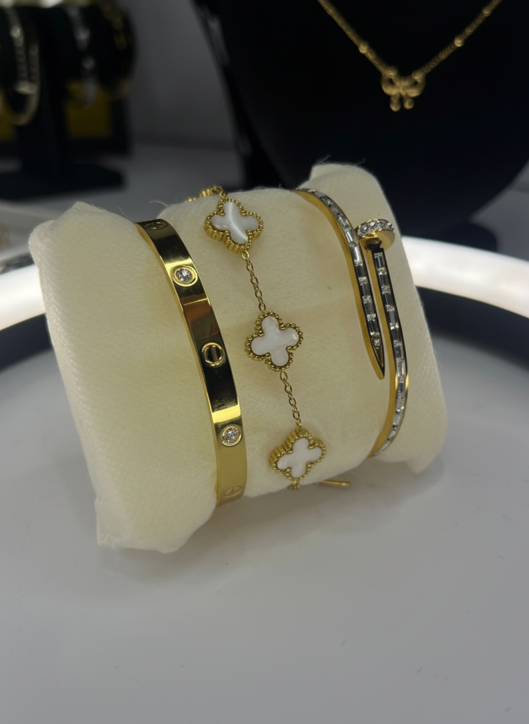 Golden Bracelet Trio: Stackable Love, Nail & Clover Combo Set