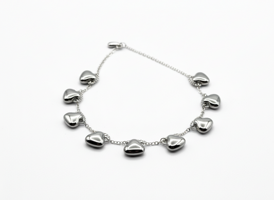 Dainty Silver Chain Bracelet with Black Enamel Heart Charms