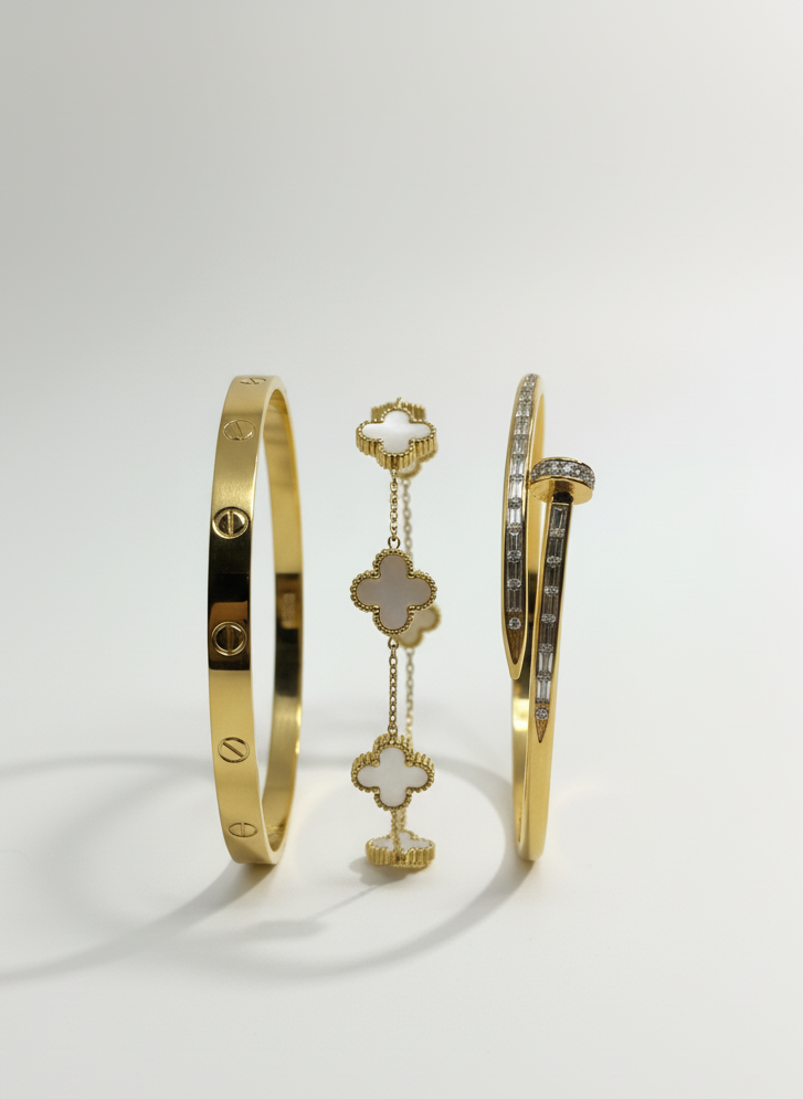 Golden Bracelet Trio: Stackable Love, Nail & Clover Combo Set