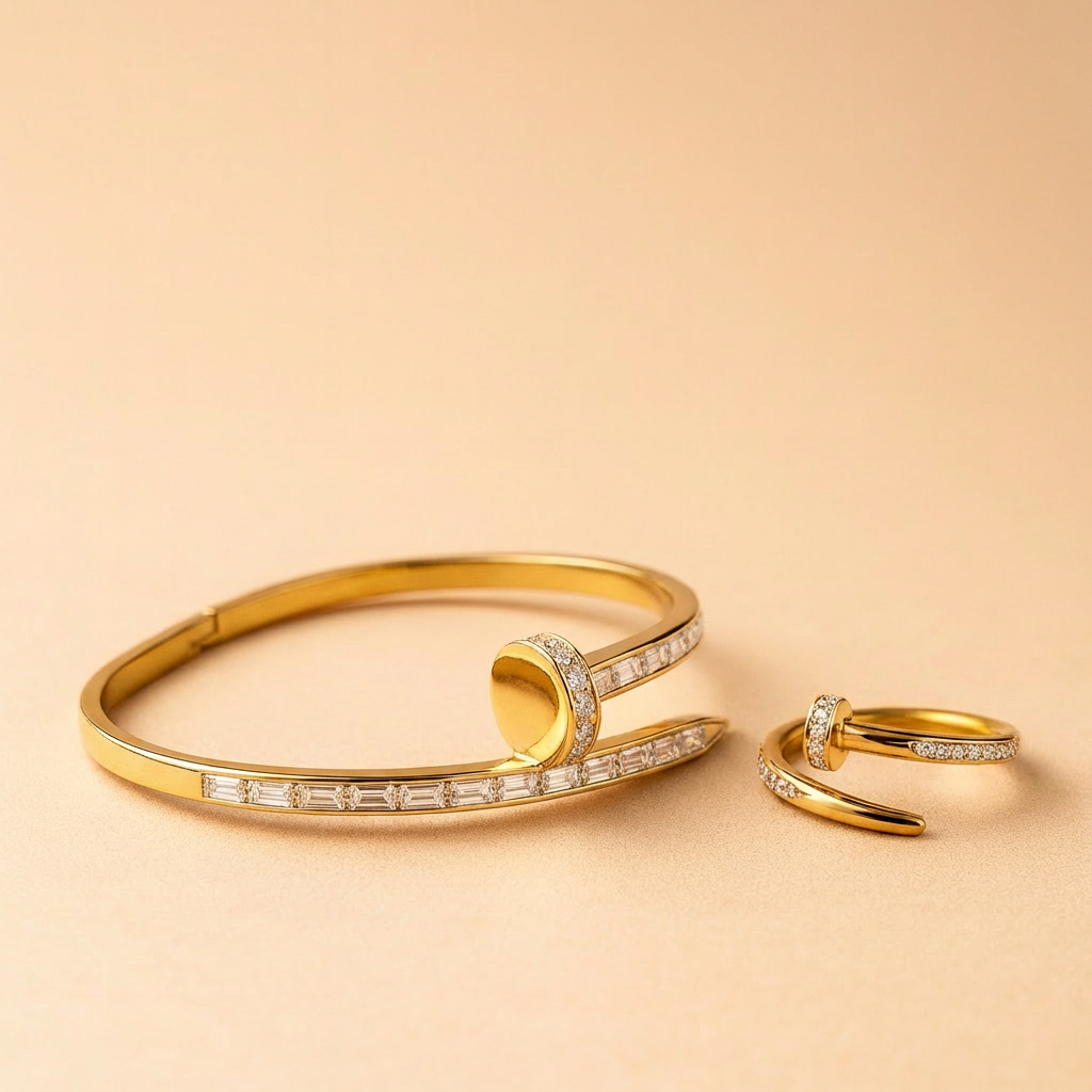 Gold Nail-Inspired Jewelry Set Crystal-Accented Bracelet & Matching Ring