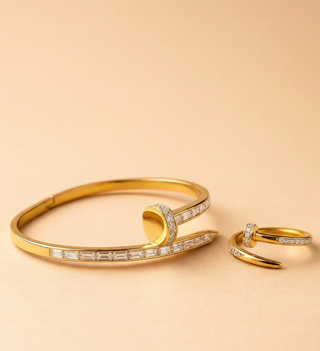 Gold Nail-Inspired Jewelry Set Crystal-Accented Bracelet & Matching Ring