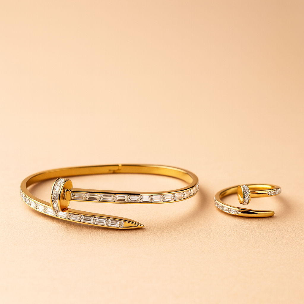 Gold Nail-Inspired Jewelry Set Crystal-Accented Bracelet & Matching Ring