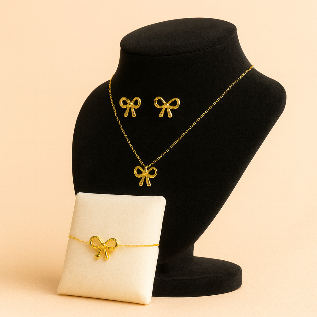 Elegant Gold Bow Jewelry Set Necklace, Earrings & Bracelet