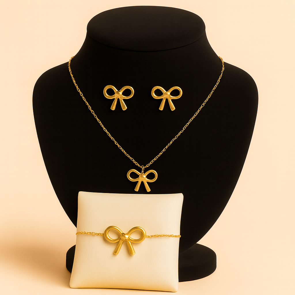 Elegant Gold Bow Jewelry Set Necklace, Earrings & Bracelet