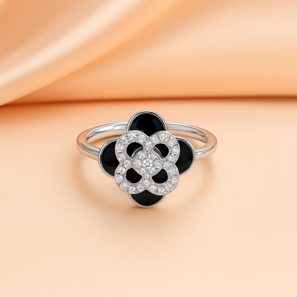 Elegant Clover  Spinning Diamond & Black Enamel Ring Luxury Floral Design
