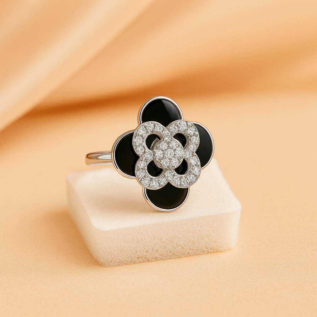 Elegant Clover  Spinning Diamond & Black Enamel Ring Luxury Floral Design