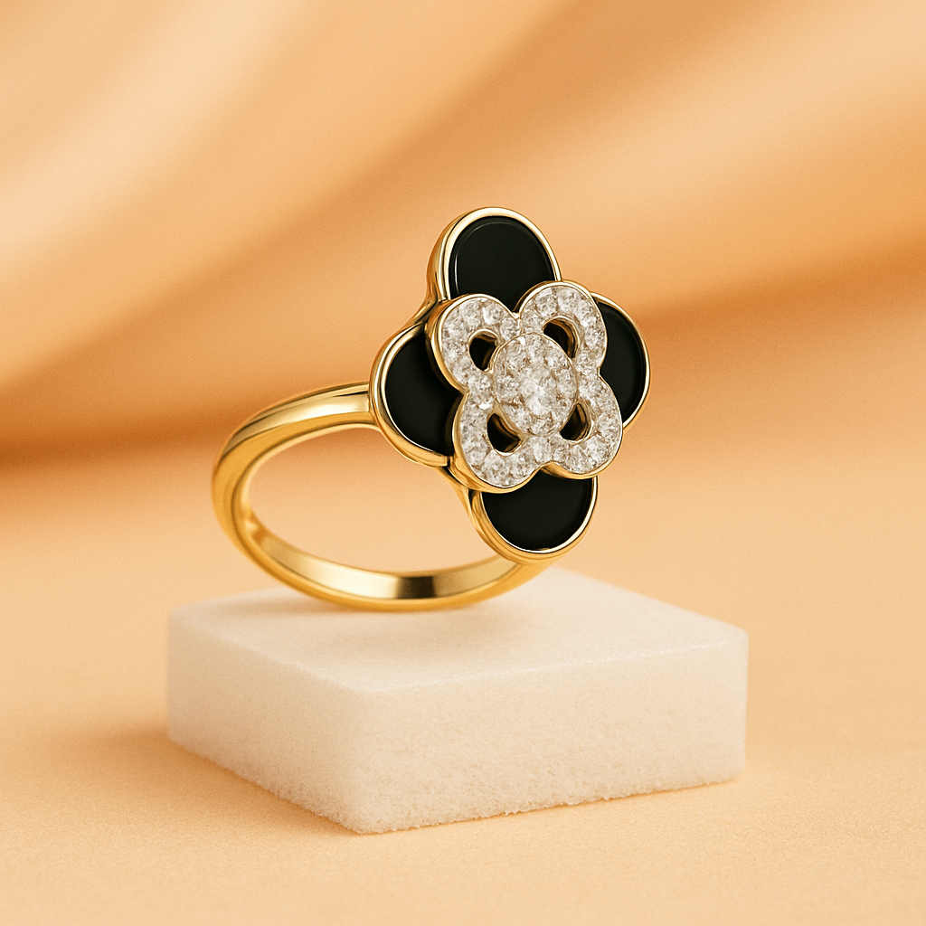 Elegant Clover  Spinning Diamond & Black Enamel Ring Luxury Floral Design