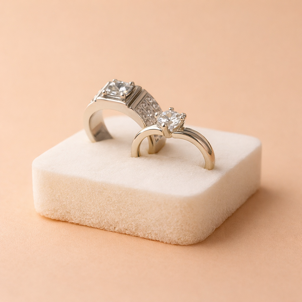 Elegant Silver Diamond Ring Set  His & Hers Matching Rings