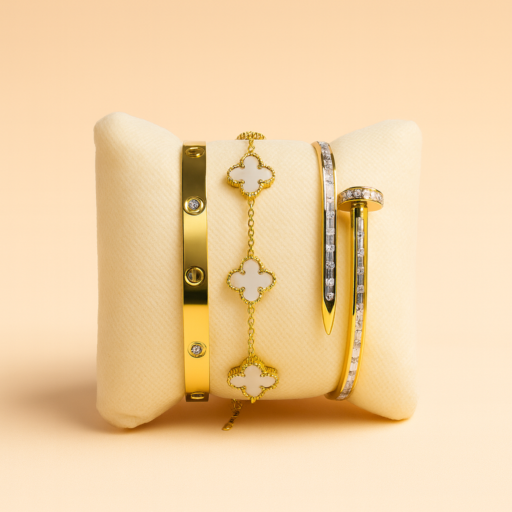 Premium Layered Bracelet Set with Mother-of-Pearl Clover