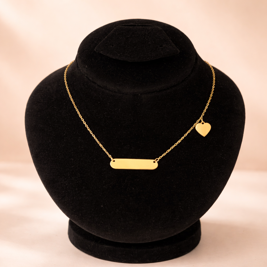 Customize Gold Bar Necklace with Heart Charm