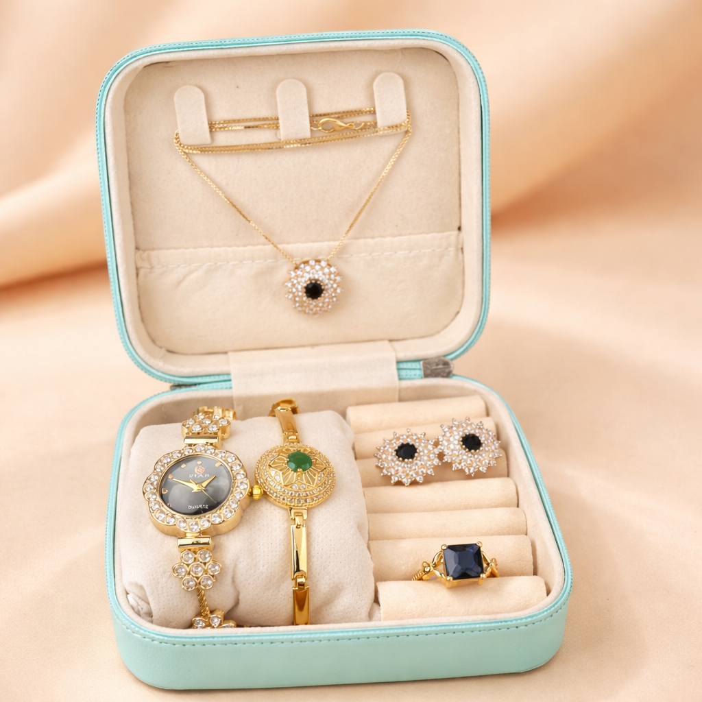 Eid Special Luxury Jewelry Gift Box Set – Necklace, Earrings, Ring, Bracelet & Watch Deal Box