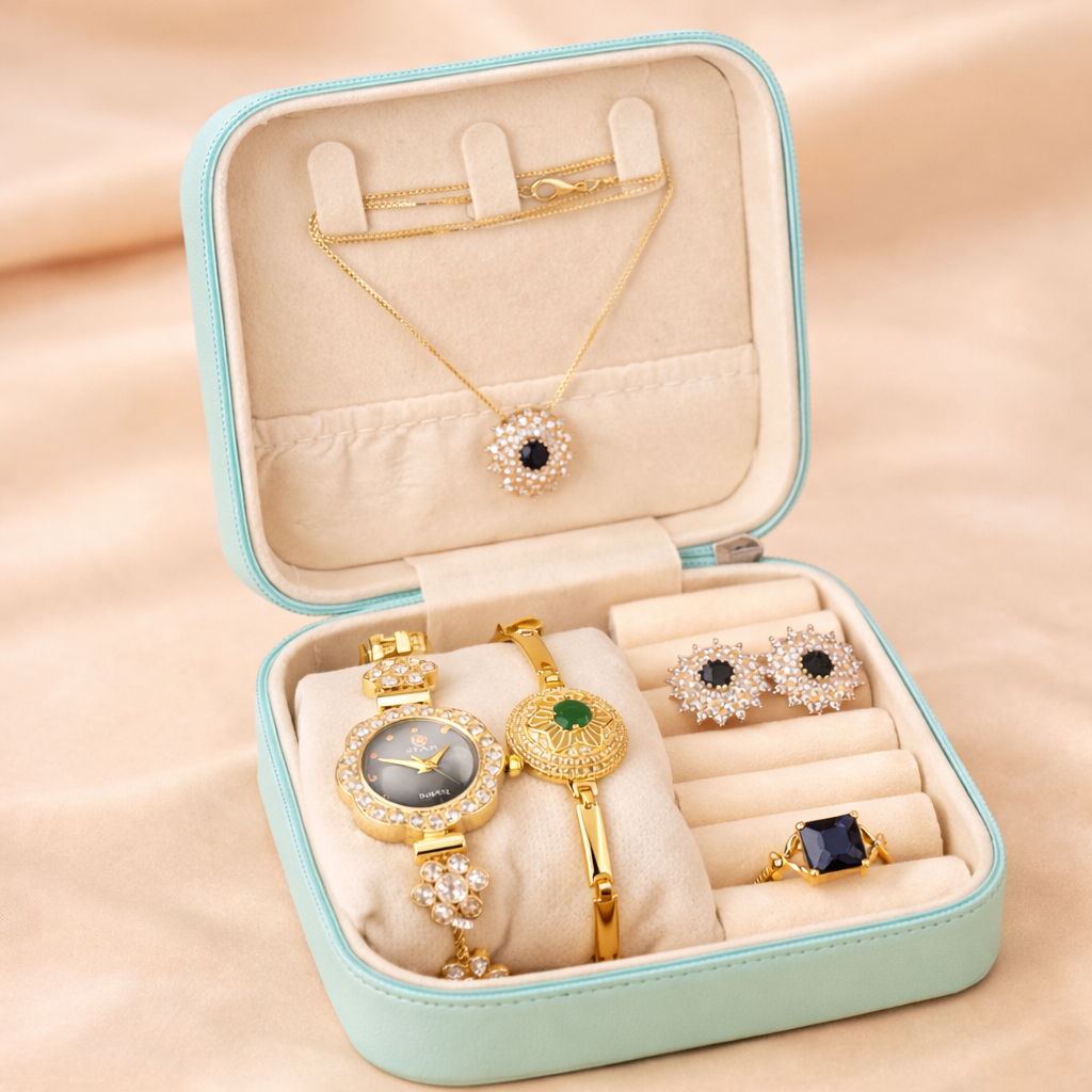Eid Special Luxury Jewelry Gift Box Set – Necklace, Earrings, Ring, Bracelet & Watch Deal Box