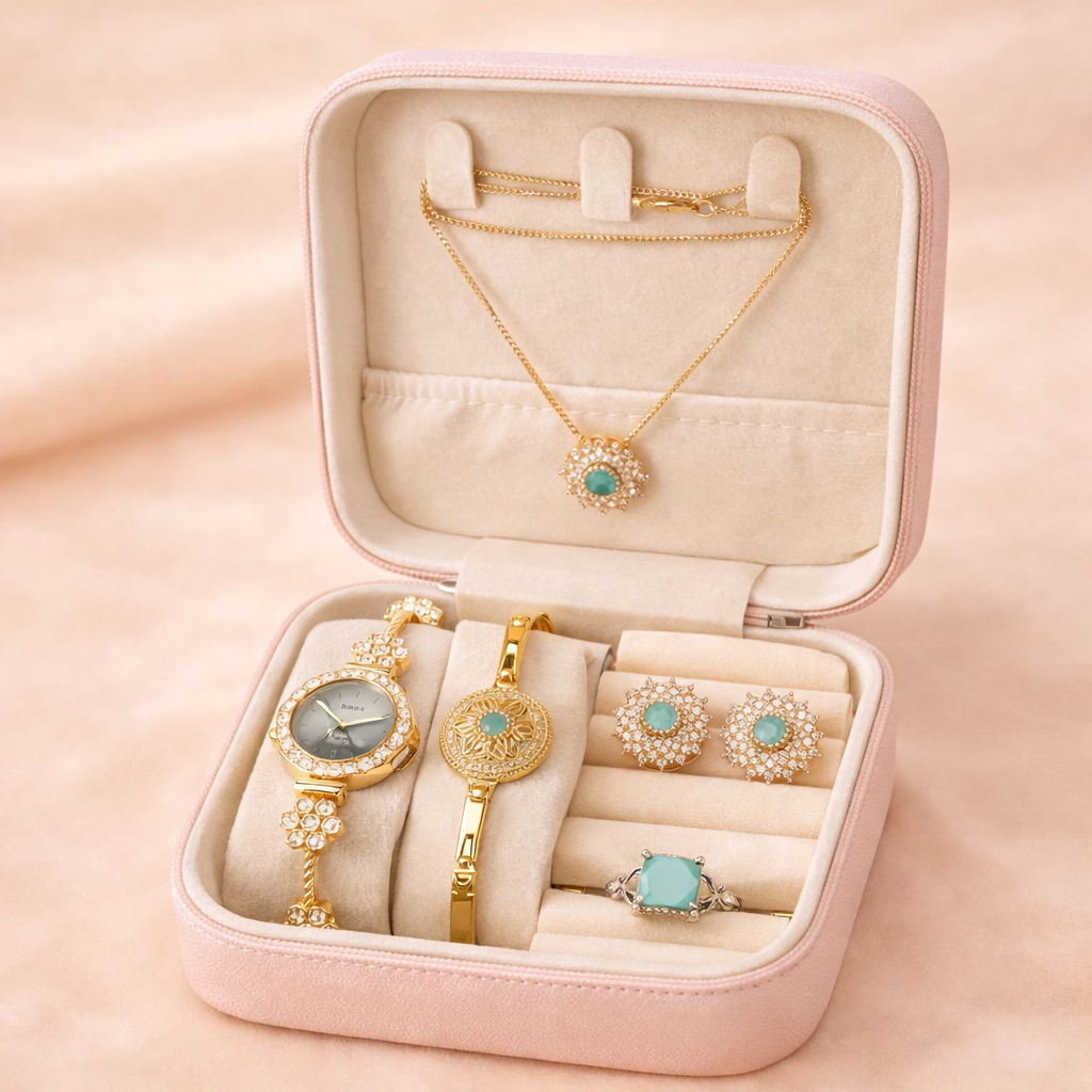 Eid Special Luxury Jewelry Gift Box Set – Necklace, Earrings, Ring, Bracelet & Watch Deal Box