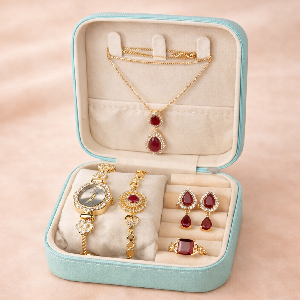 Eid Special Luxury Jewelry Gift Box Set – Necklace, Earrings, Ring, Bracelet & Watch Deal Box