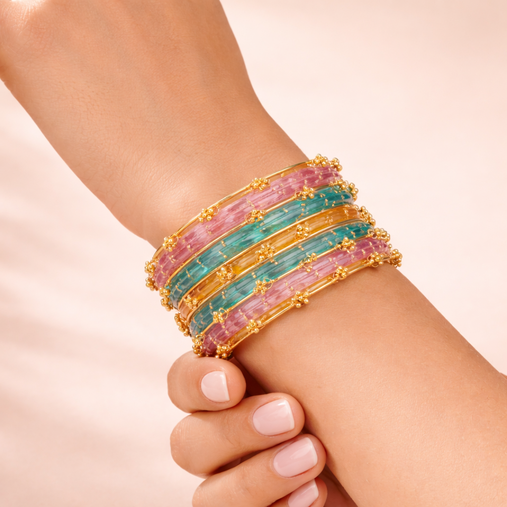Elegant Multicolor Glass Beaded kashmiri Bangles Set