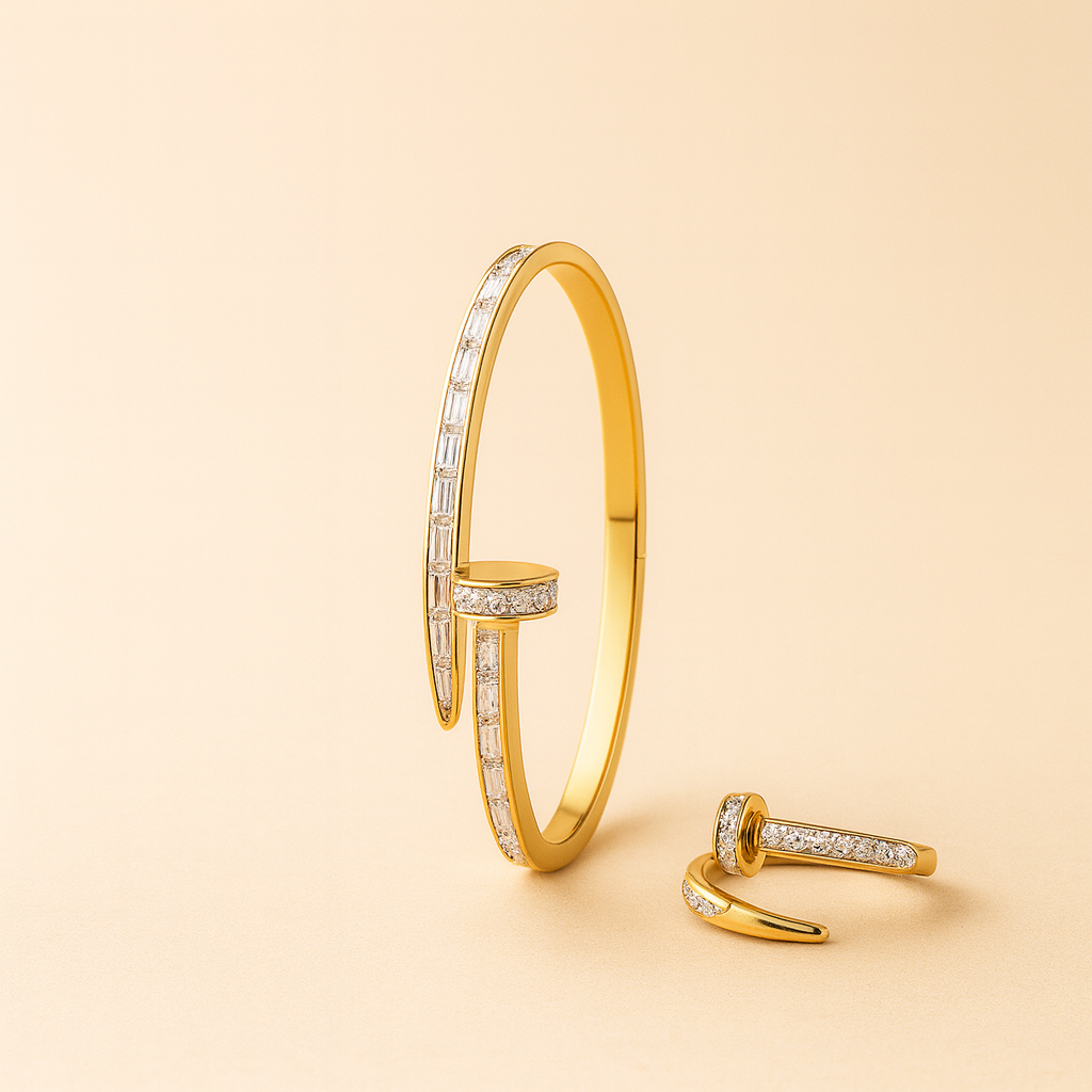 Gold Nail-Inspired Jewelry Set Crystal-Accented Bracelet & Matching Ring