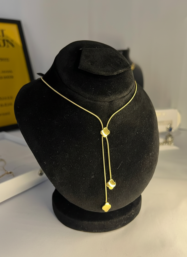 Dainty Gold Lariat Necklace | Adjustable Y-Neck Chain with Clover/Heart Drops