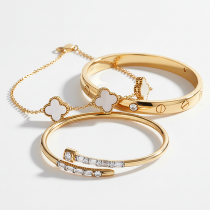 Golden Bracelet Trio: Stackable Love, Nail & Clover Combo Set