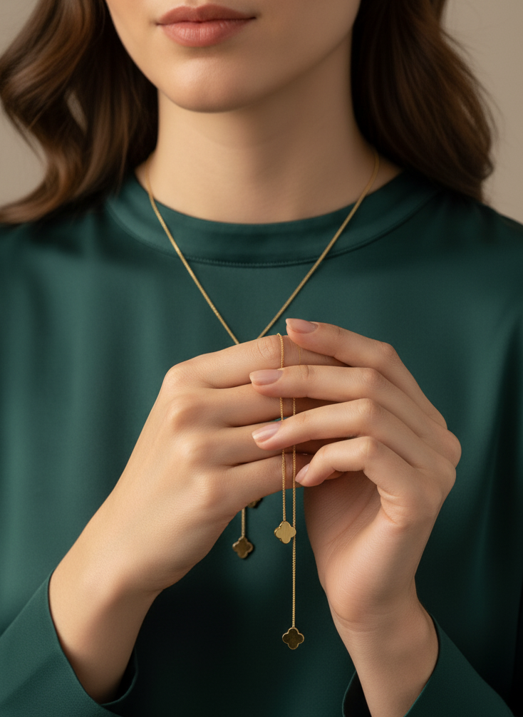 Dainty Gold Lariat Necklace | Adjustable Y-Neck Chain with Clover/Heart Drops