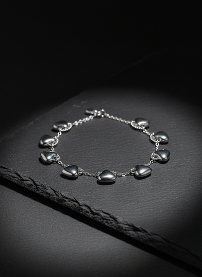 Dainty Silver Chain Bracelet with Black Enamel Heart Charms