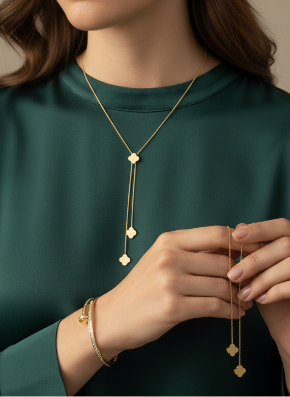 Dainty Gold Lariat Necklace | Adjustable Y-Neck Chain with Clover/Heart Drops