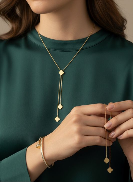 Dainty Gold Lariat Necklace | Adjustable Y-Neck Chain with Clover/Heart Drops