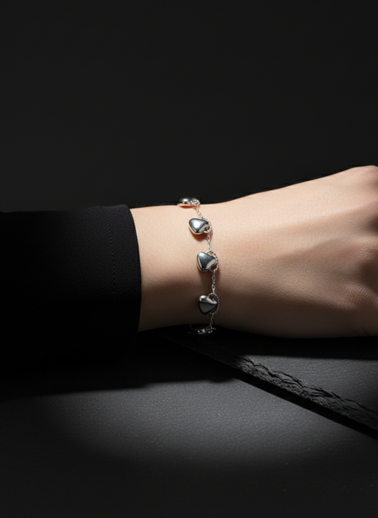 Dainty Silver Chain Bracelet with Black Enamel Heart Charms