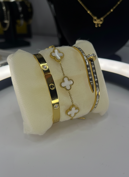 Golden Bracelet Trio: Stackable Love, Nail & Clover Combo Set