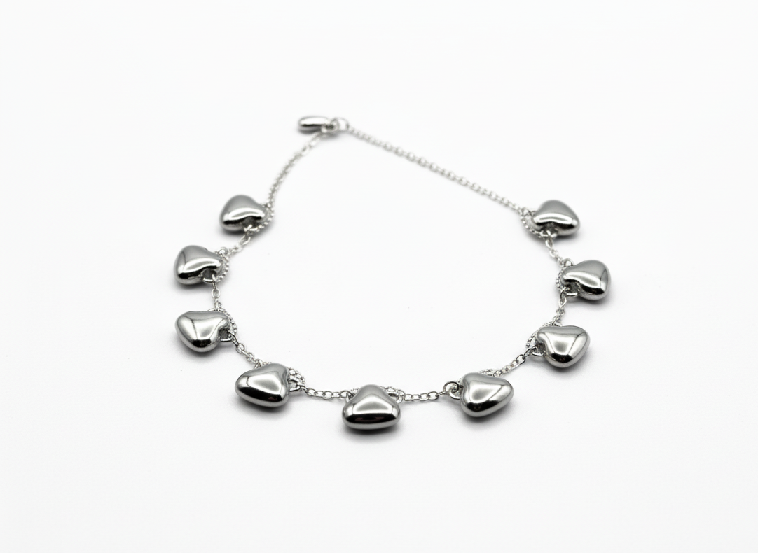 Dainty Silver Chain Bracelet with Black Enamel Heart Charms