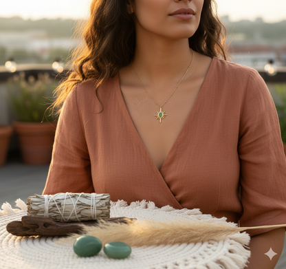 Gold Sunburst Pendant Necklace with Green Stone