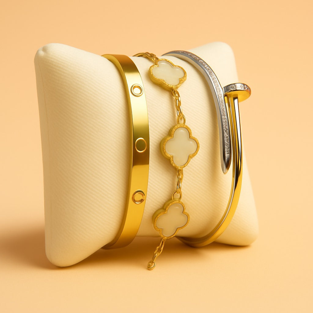 Premium Layered Bracelet Set with Mother-of-Pearl Clover