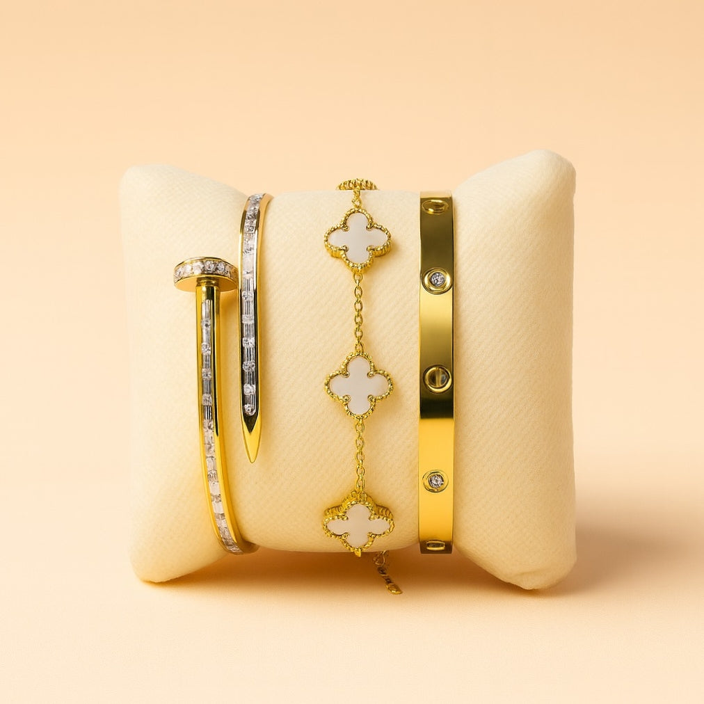 Premium Layered Bracelet Set with Mother-of-Pearl Clover