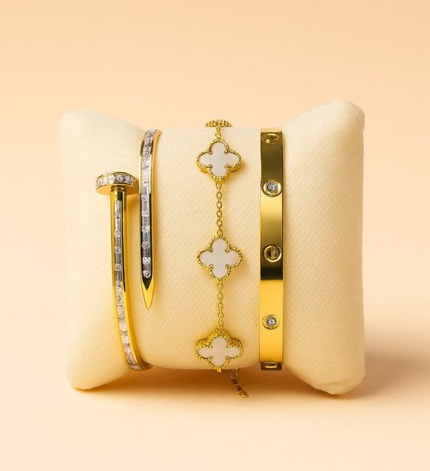 Premium Layered Bracelet Set with Mother-of-Pearl Clover