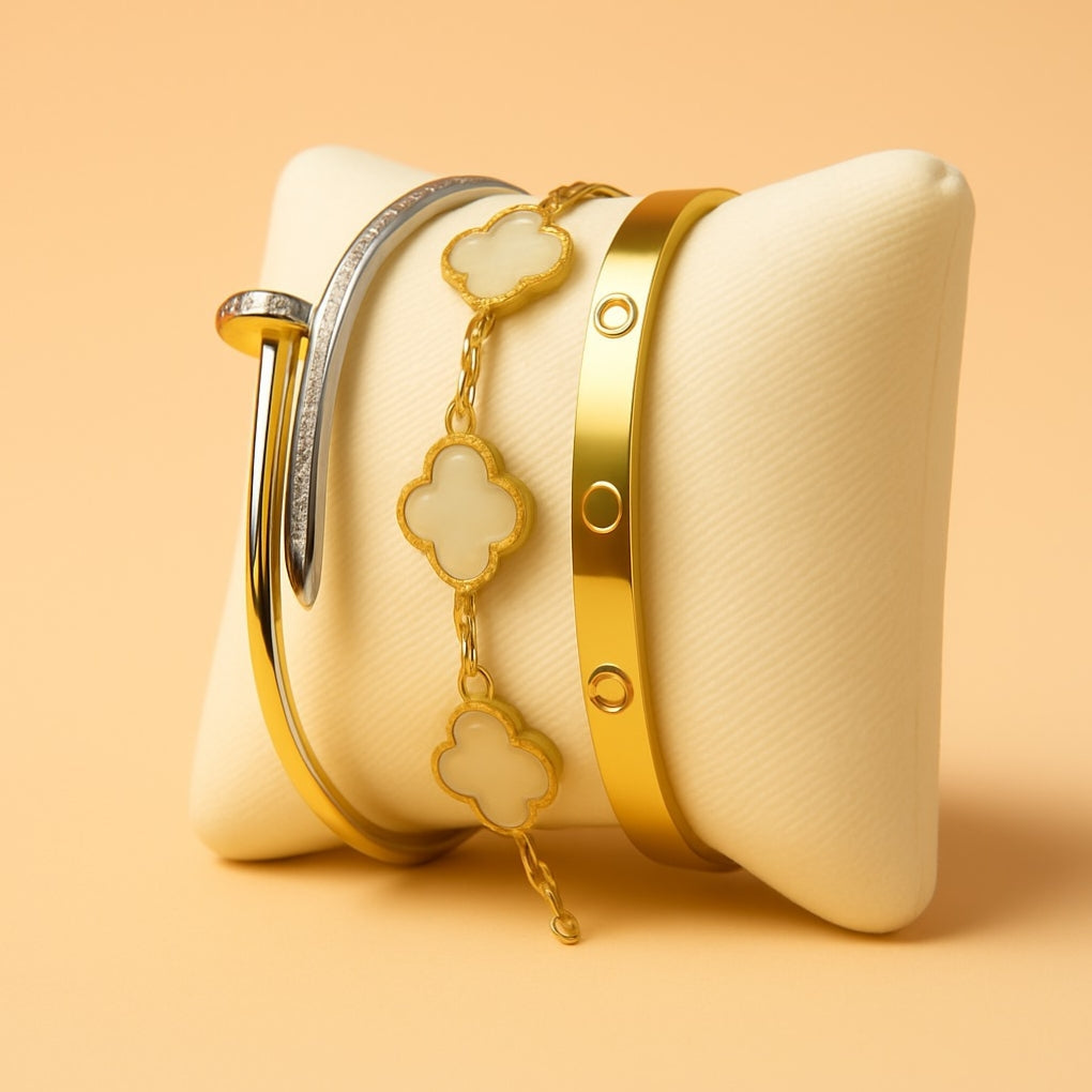 Premium Layered Bracelet Set with Mother-of-Pearl Clover