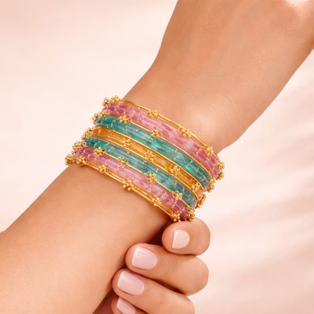 Elegant Multicolor Glass Beaded kashmiri Bangles Set