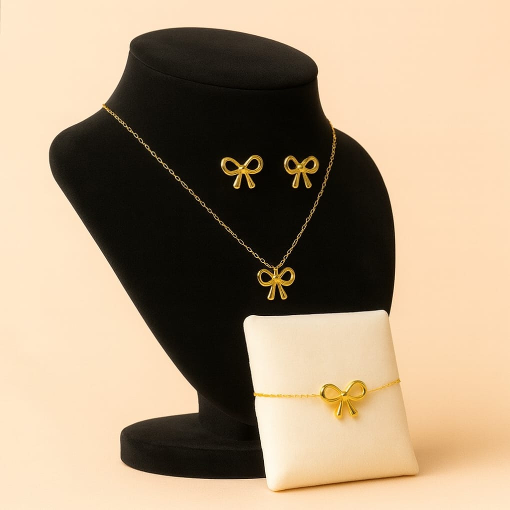 Elegant Gold Bow Jewelry Set Necklace, Earrings & Bracelet