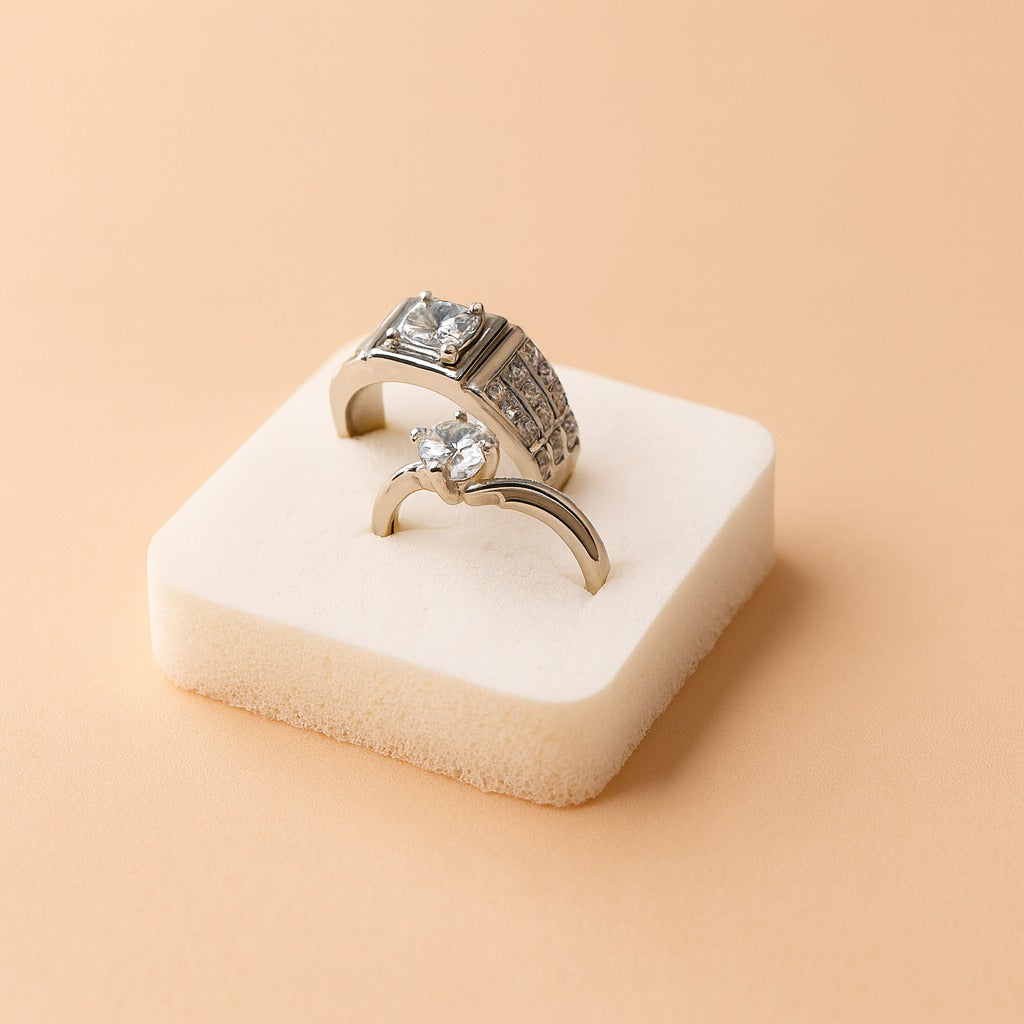 Elegant Silver Diamond Ring Set  His & Hers Matching Rings