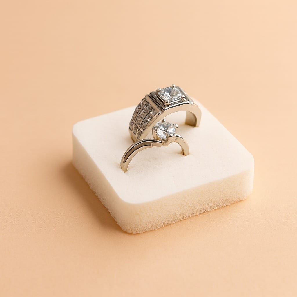 Elegant Silver Diamond Ring Set  His & Hers Matching Rings