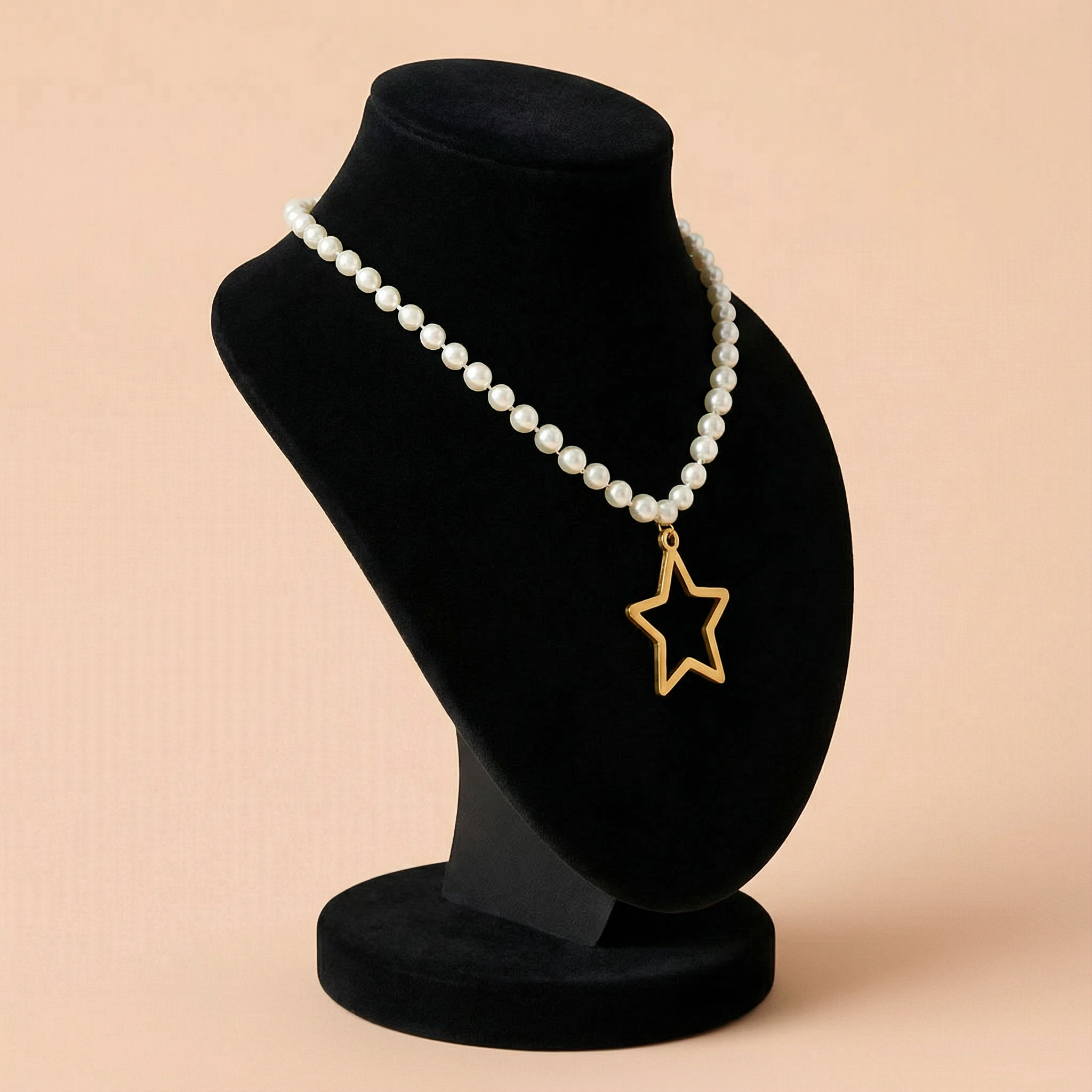 Pearl Bead Necklace with Gold Star Pendant – Chic & Modern Statement Piece